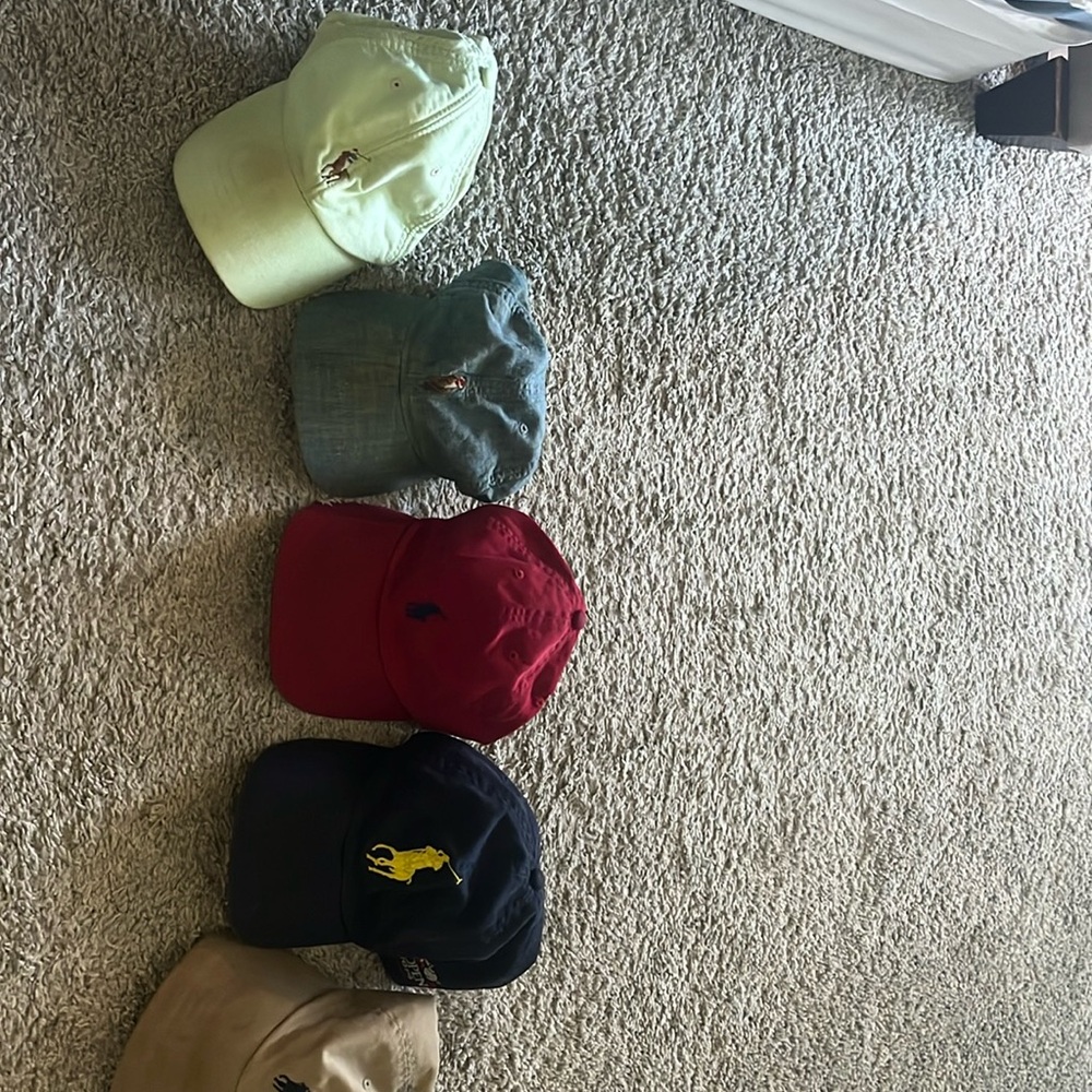 Polo baseball caps. They are worn and have stains.